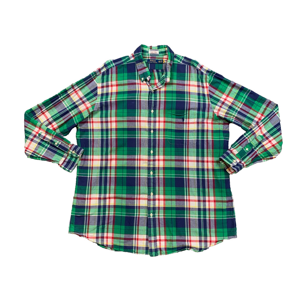 Polo Ralph Lauren Shirt Mens 2XLT Tall Green Plaid Woven Cotton Bleeding Madras